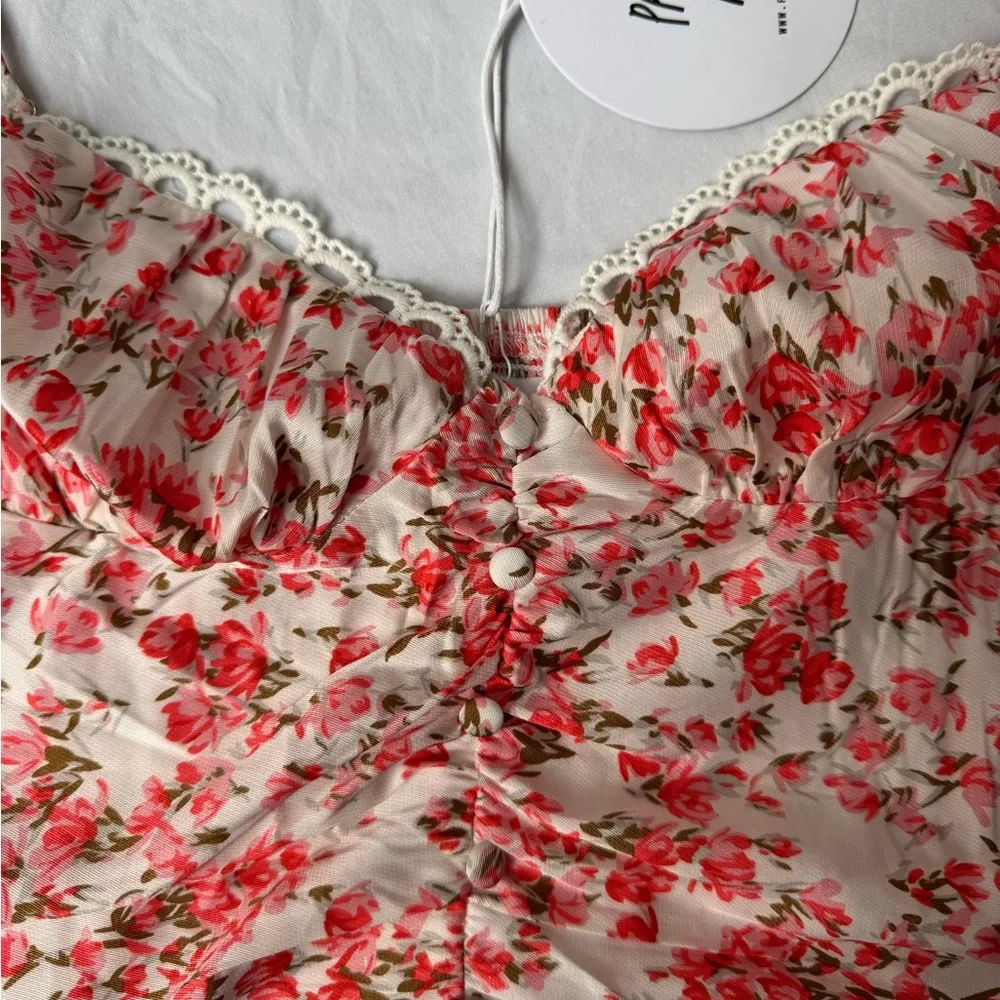 Princess Polly Cream Floral Ruched Cropped Cami with Red Pink Flowers - Picture 3 of 5